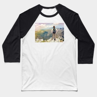 Woman with backpack standing on the edge, looking at mountains Baseball T-Shirt